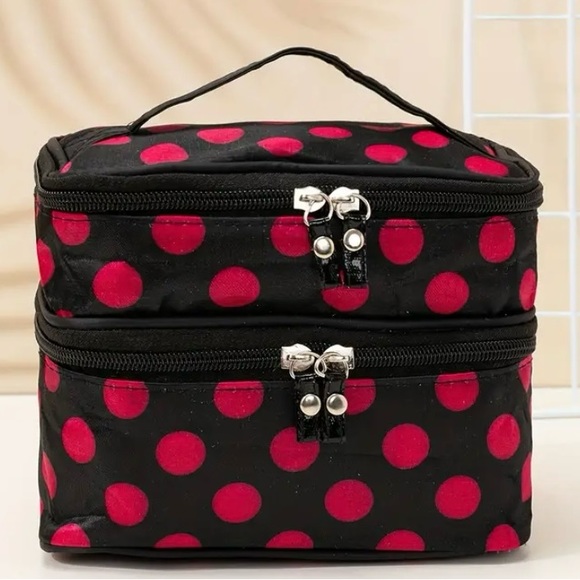 NWT Durable Double Layer Cosmetic Bag with Zipper black with pink dots - Picture 3 of 7